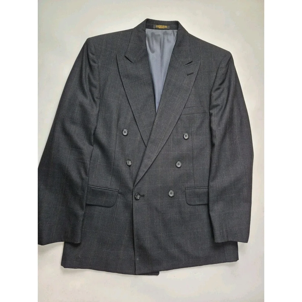 Vintage Evan Picone Mens Double Breasted Sport Coat 40R Gray Plaid Wool USA